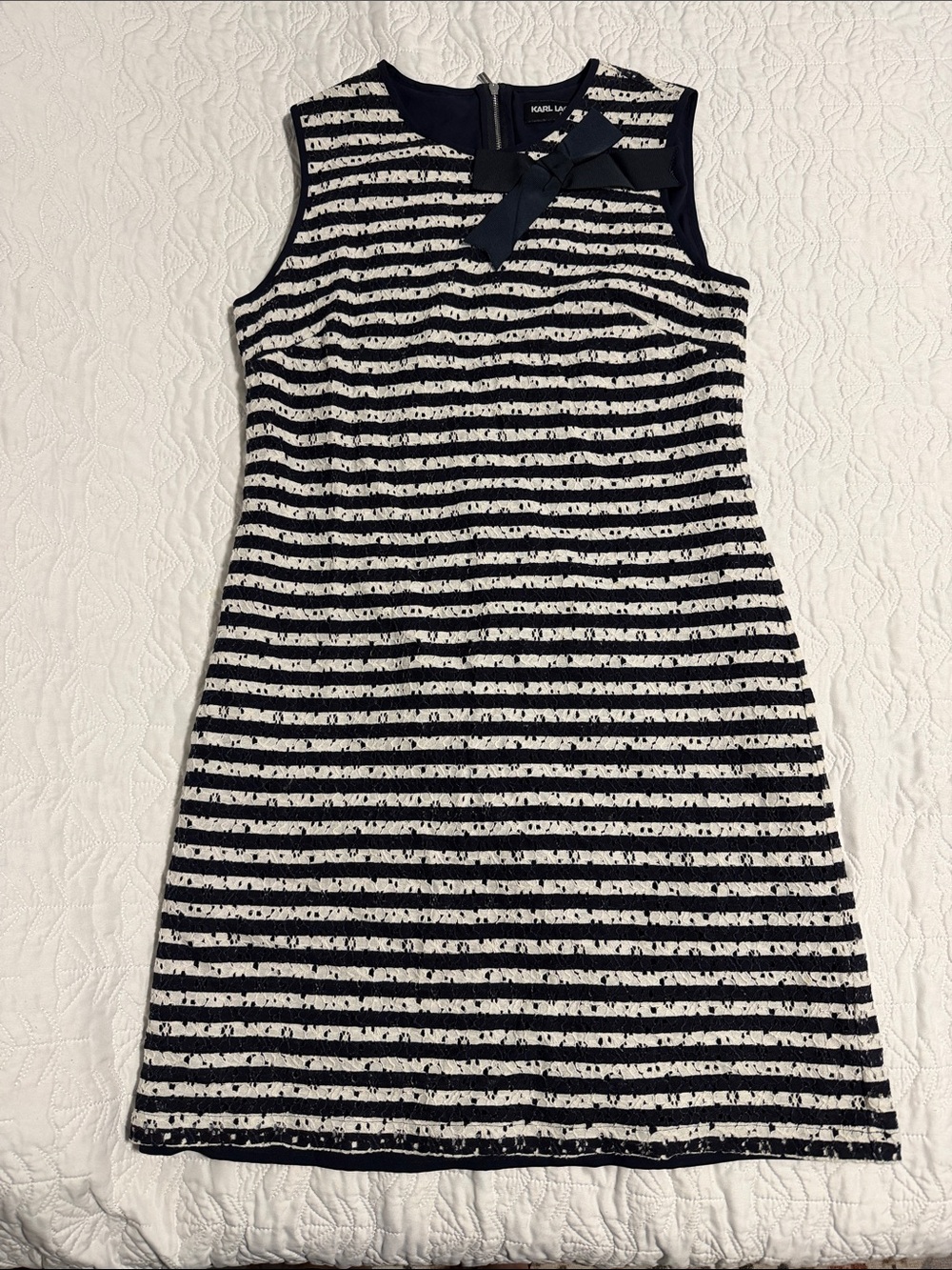 Karl Lagerfeld Navy & White Striped Bow-Accent Midi Dress